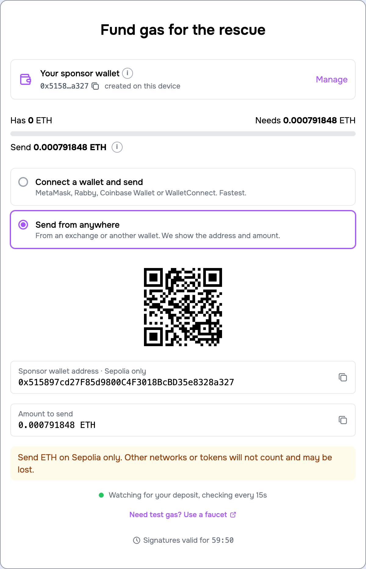 Send from anywhere: the sponsor address, a QR code and the exact amount