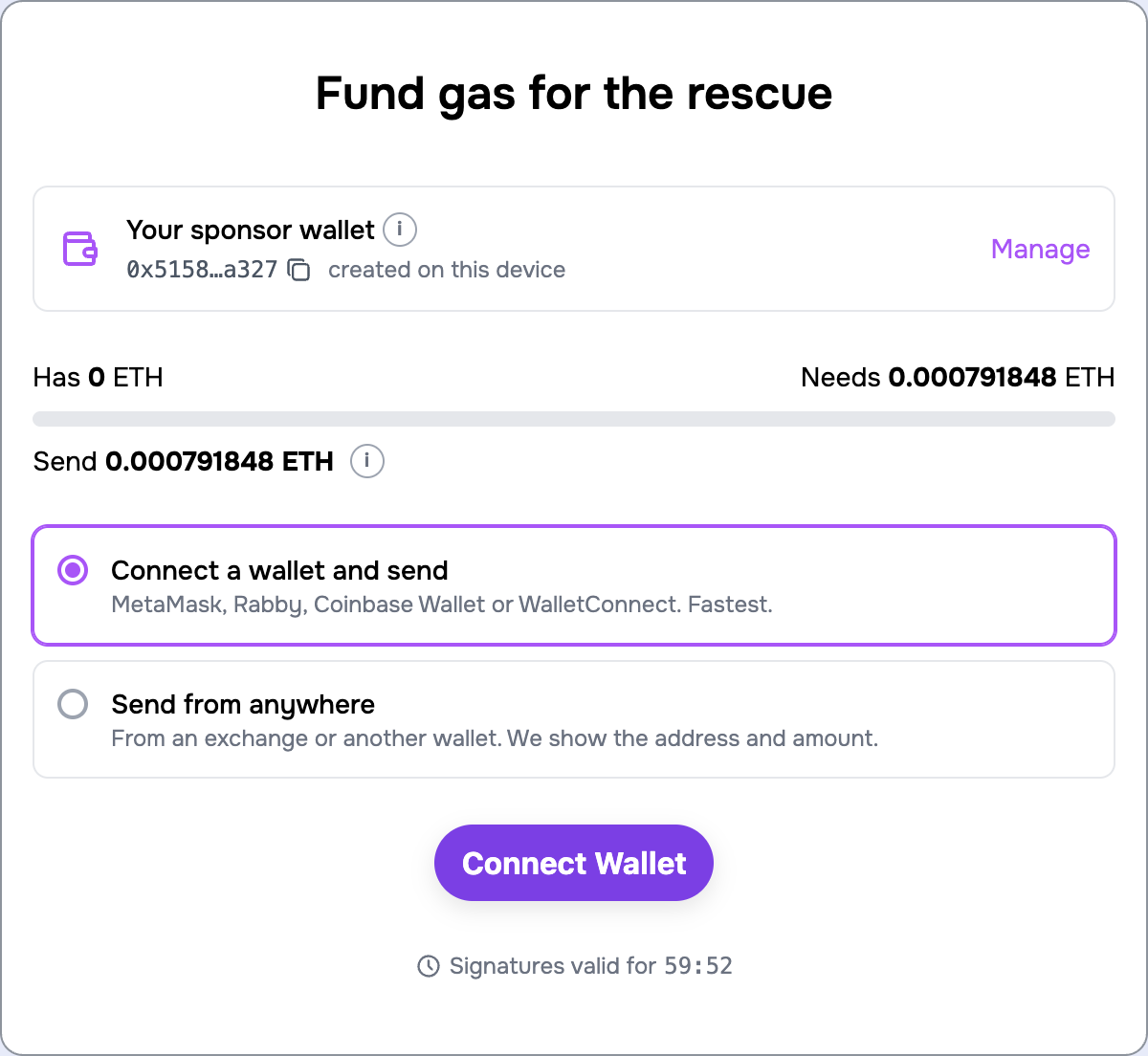The gas screen with the has and needs bar